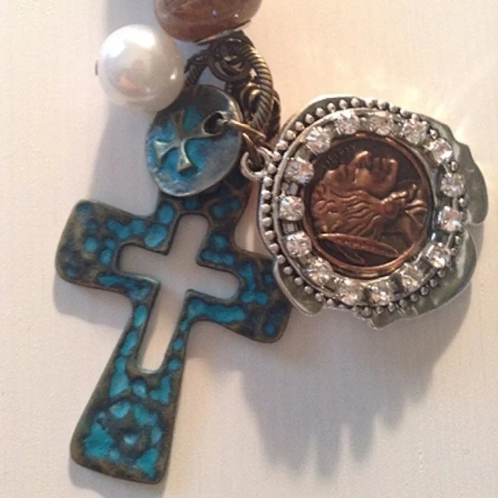 ✨ Bling Indian Penny & Cross Rear View Mirror Hanger ✨ - Picture 1 of 3